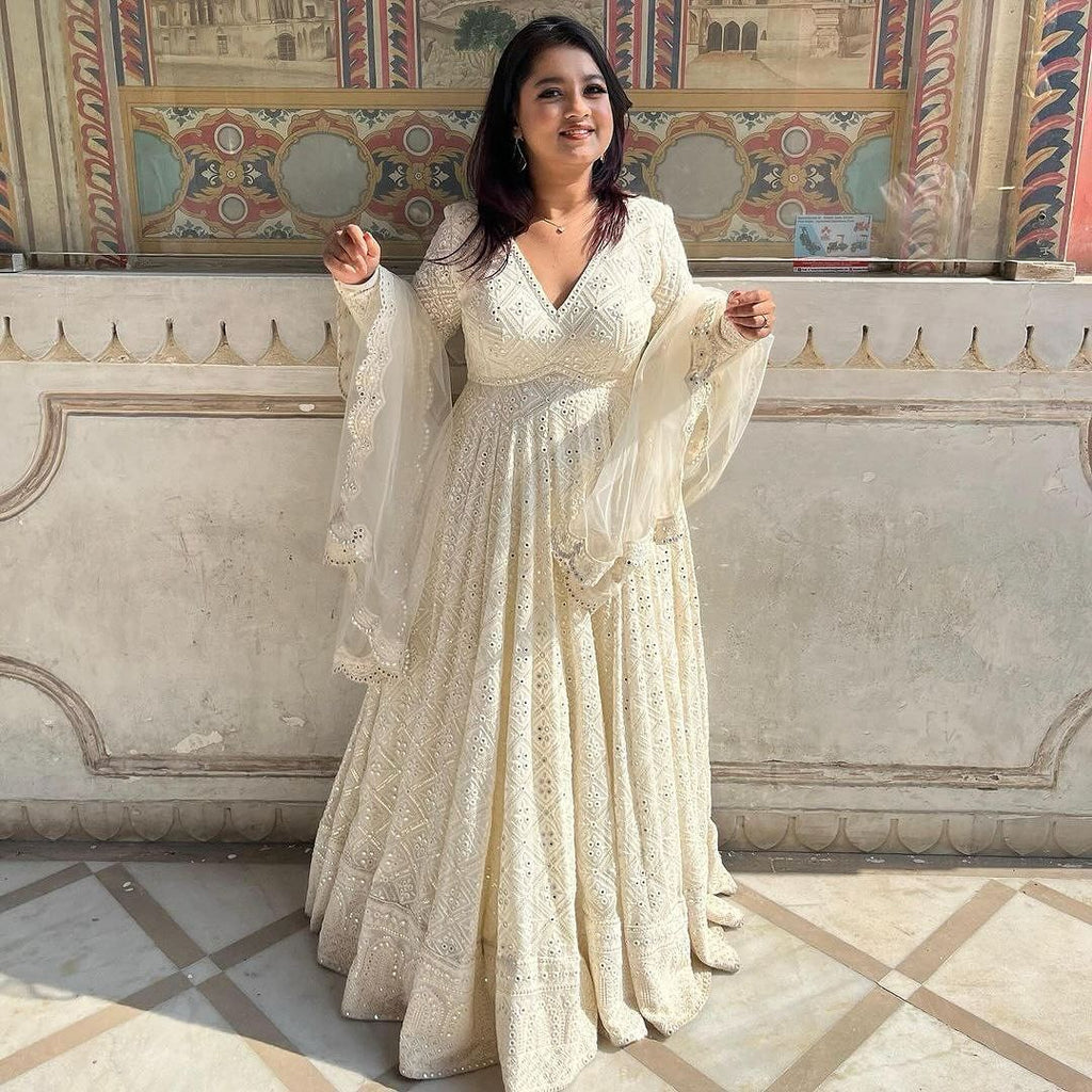 Yash Enterprise Off White Luckhnowi Sequins Work Party Wear Suit Set | Grocsy