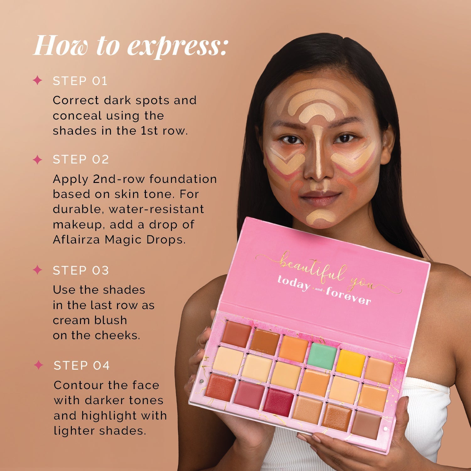 Aflairza One for All Palette, 4-in-1 Foundation, Concealer, Blush & Contour, All-in-One Face Palette for Effortless Beauty 56g | Grocsy