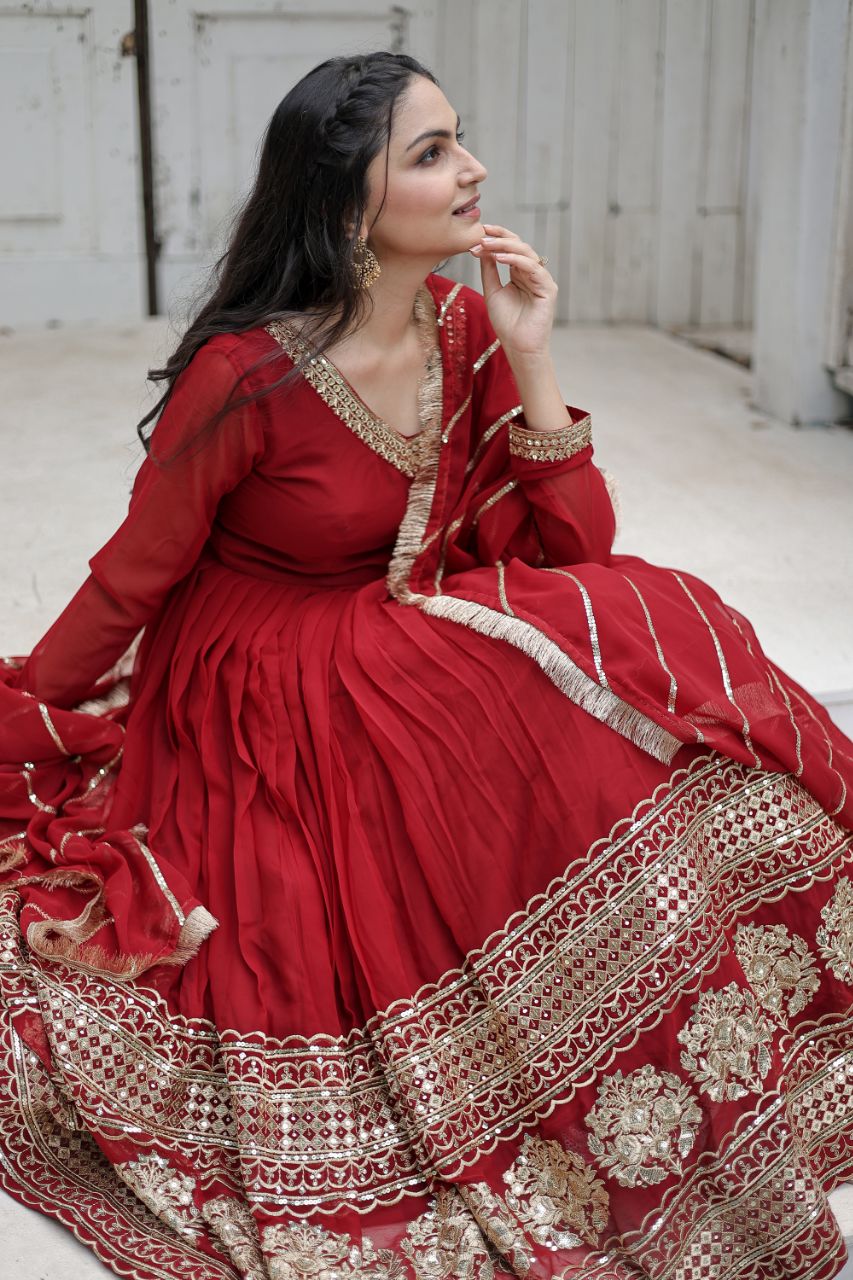 Yash Enterprise Maroon Sequin Embroidered Faux Blooming Gown With Dupatta | Grocsy