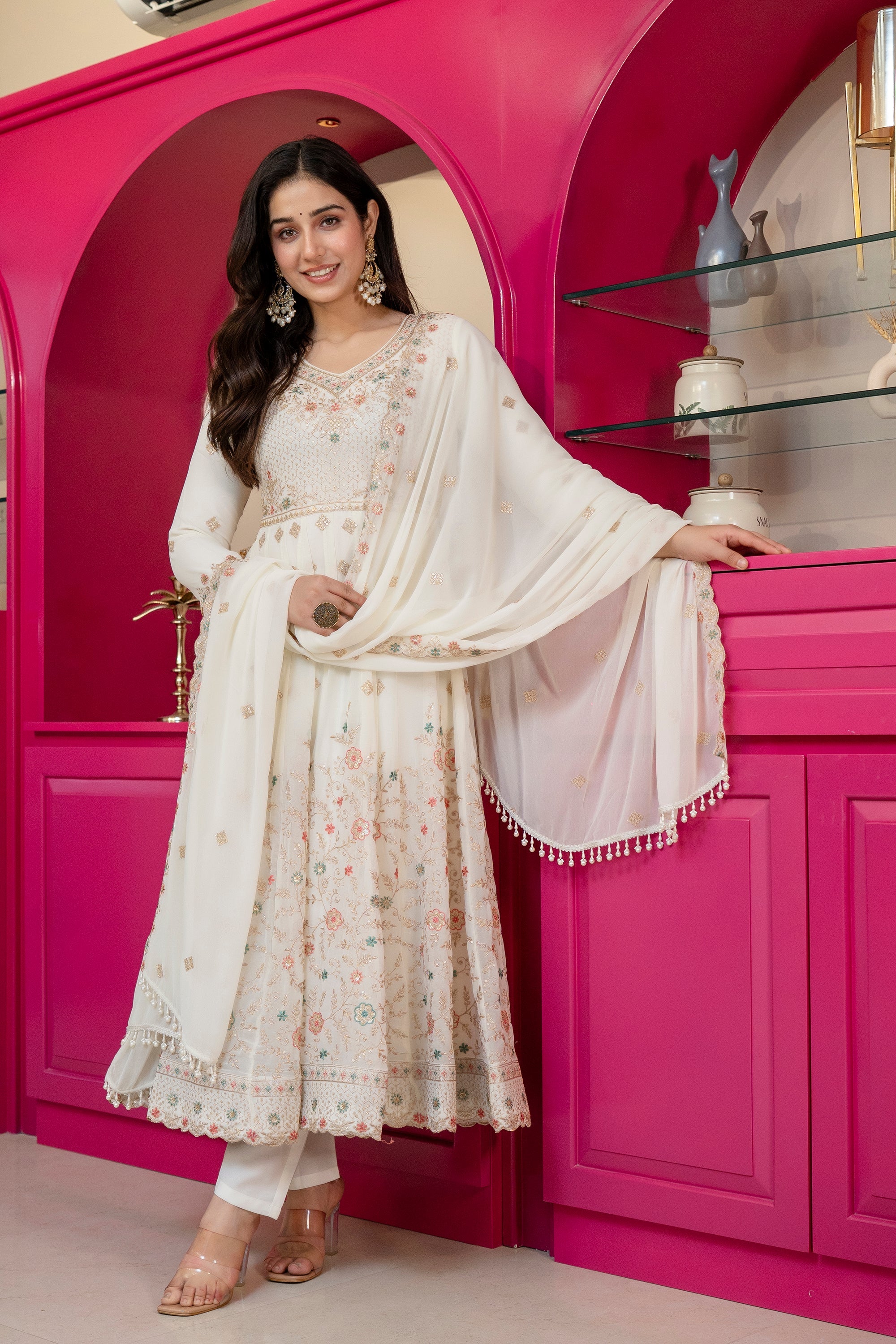 Yash Enterprise Off White Georgette Party Wear Anarkali Suit Set | Grocsy