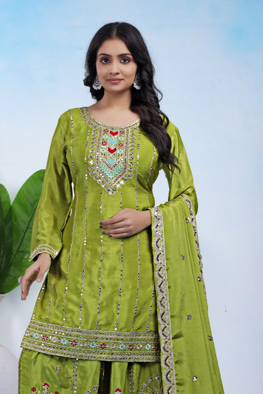 Yash Enterprise Green Chinon Silk Party Wear Embroidery Suit Set | Grocsy
