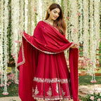 Yash Enterprise Red Roman Silk Embroidery Suit Set | Grocsy