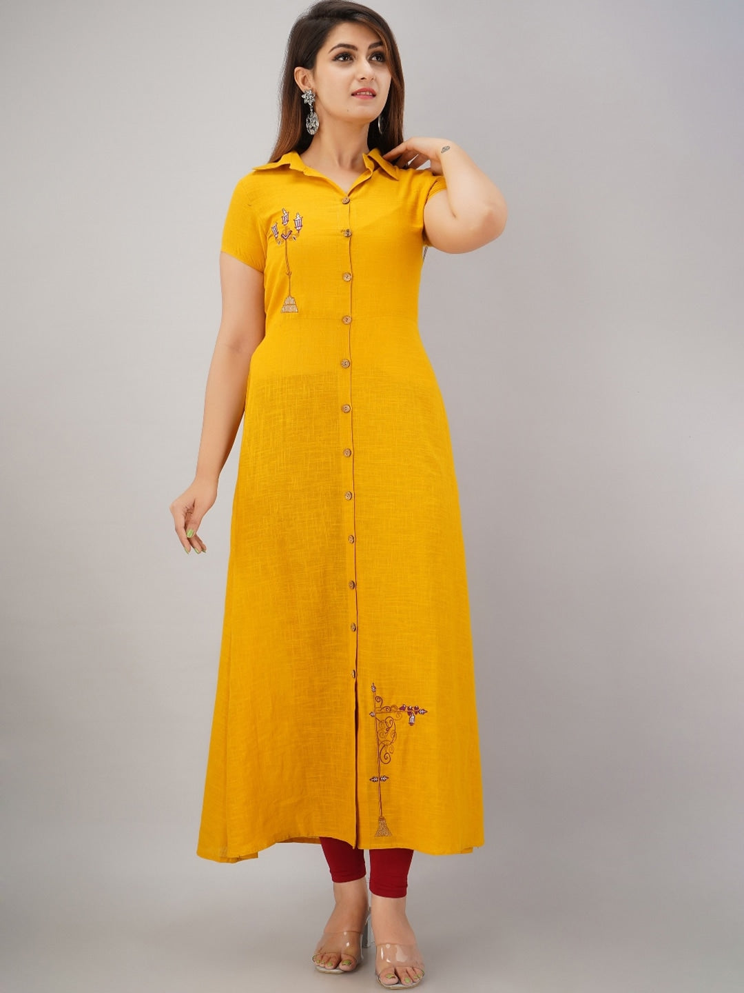 HERE&NOW Mustard Yellow Shirt Collar Thread Work A-Line Kurta | Grocsy