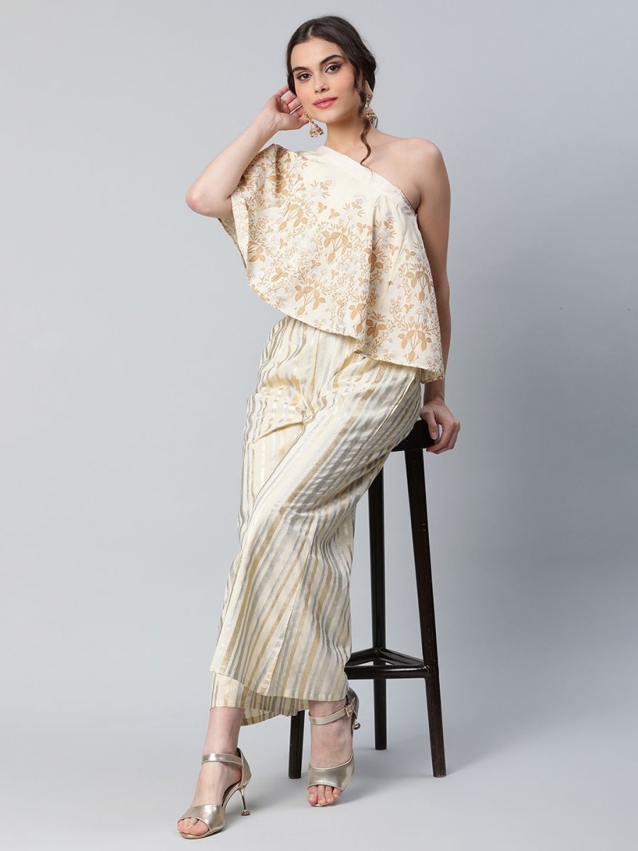 Ahalyaa Women Off White Crepe Floral Printed Top with Palazzos | Grocsy
