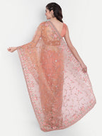 kasee Women Peach-Coloured Floral Embroidered Net Saree | Grocsy