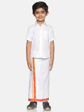 Sethukrishna Boys White Pure Cotton Solid Shirt and Veshti Set | Grocsy
