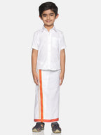 Sethukrishna Boys White Pure Cotton Solid Shirt and Veshti Set | Grocsy