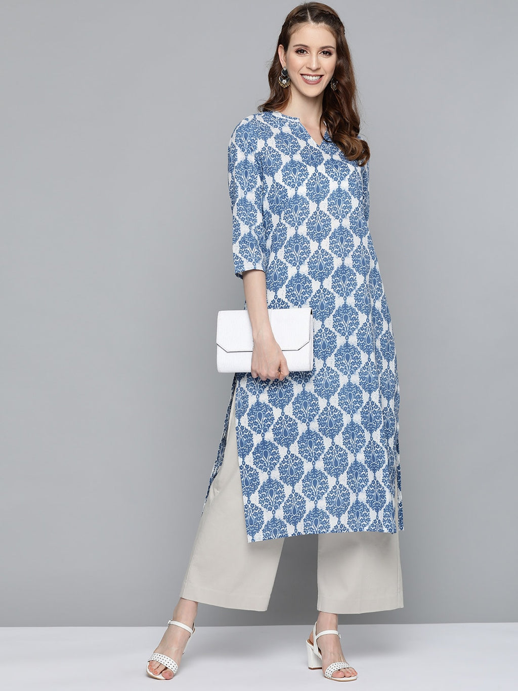 HERE&NOW Women Blue & White Printed Straight Kurta | Grocsy