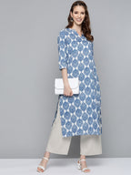 HERE&NOW Women Blue & White Printed Straight Kurta | Grocsy