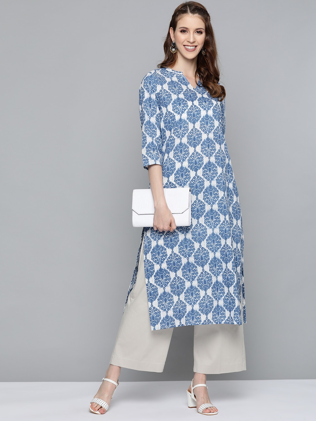HERE&NOW Women Blue & White Printed Straight Kurta | Grocsy
