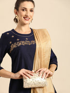 All About You Women Navy Blue Floral Thread Work Kurta with Trousers & With Dupatta | Grocsy