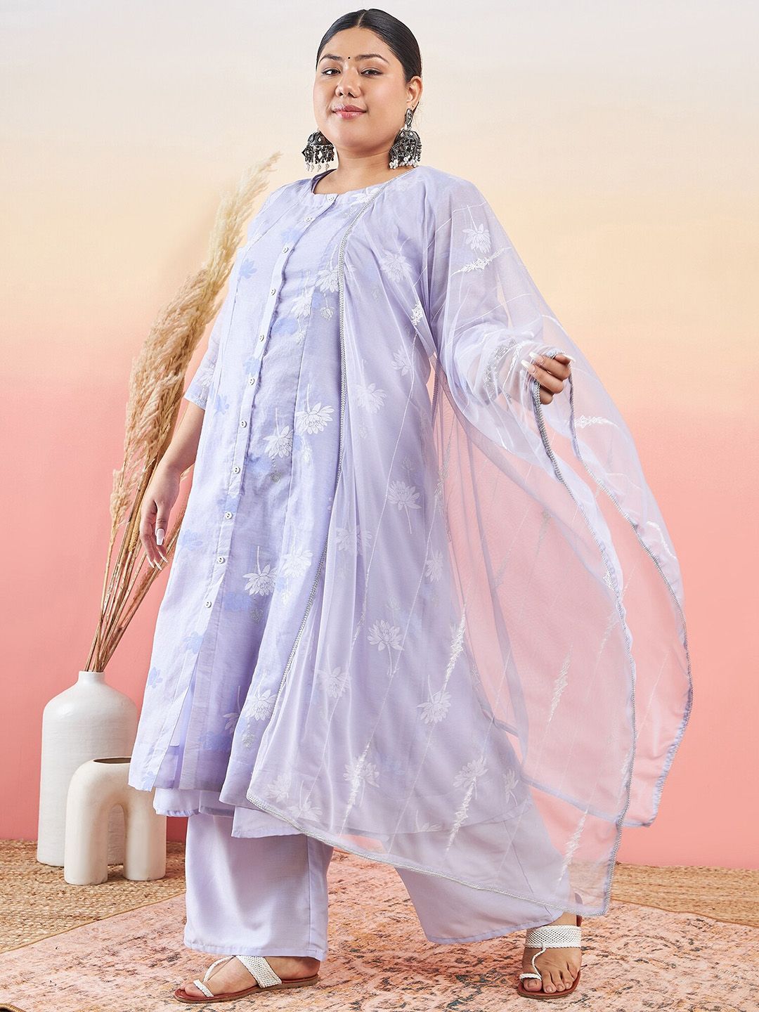 Sztori Floral Printed Round Neck A-Line Kurta with Palazzo & Dupatta | Grocsy