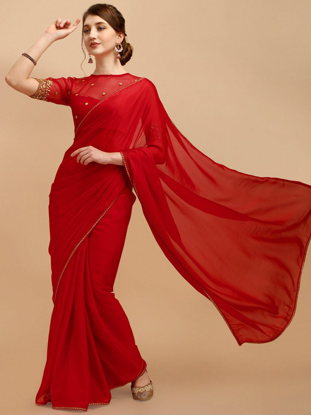 Sangria Red Silk Blend Embroidered Saree | Grocsy