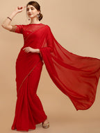 Sangria Red Silk Blend Embroidered Saree | Grocsy