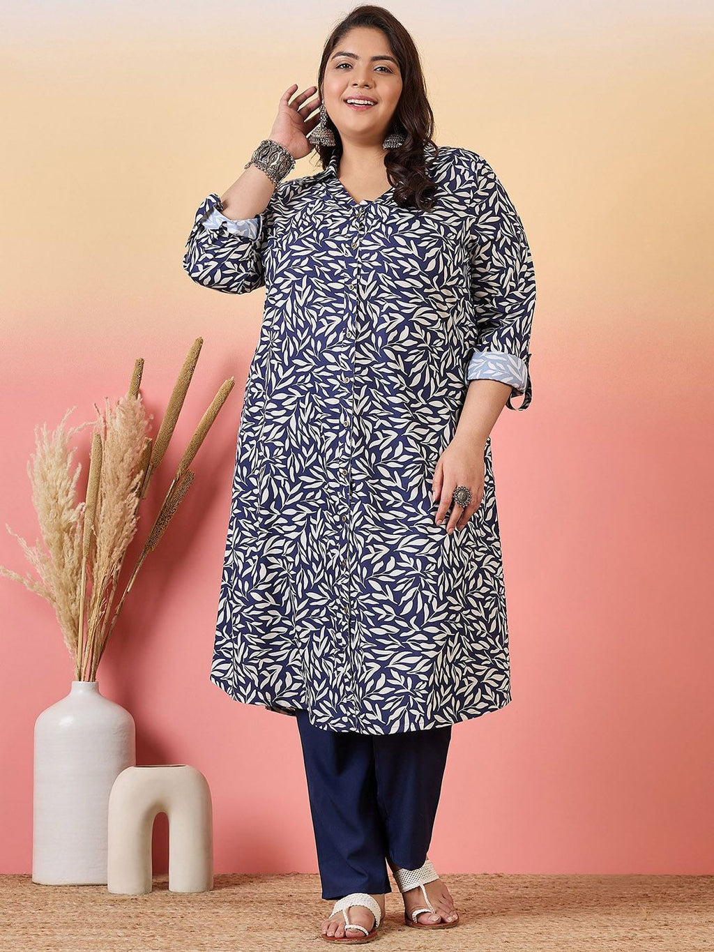 Sztori Plus Size Floral Printed Shirt Collar Roll-Up Sleeves Crepe Pathani Kurta | Grocsy