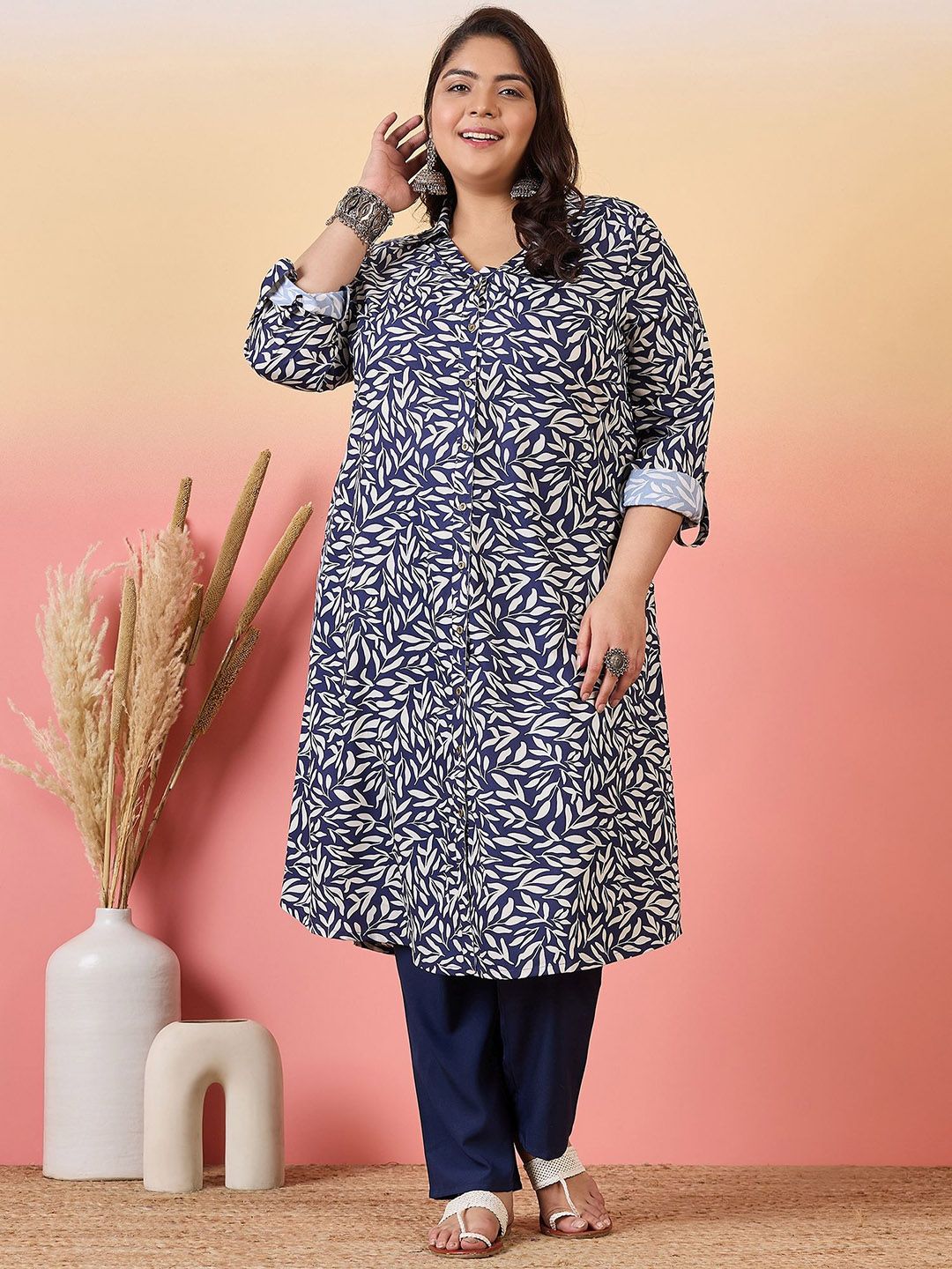 Sztori Plus Size Floral Printed Shirt Collar Roll-Up Sleeves Crepe Pathani Kurta | Grocsy