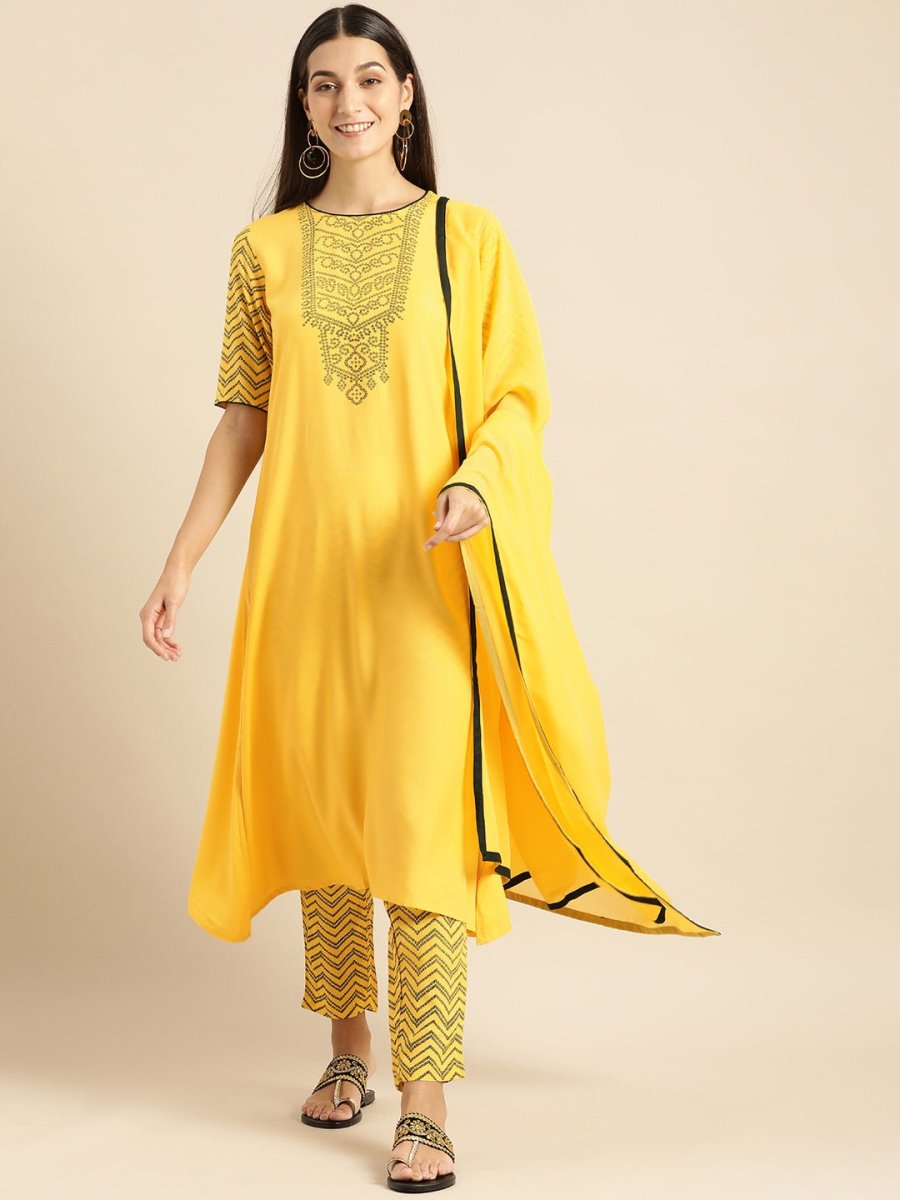 All About You Women Yellow Printed Kurta with Trousers & With Dupatta | Grocsy