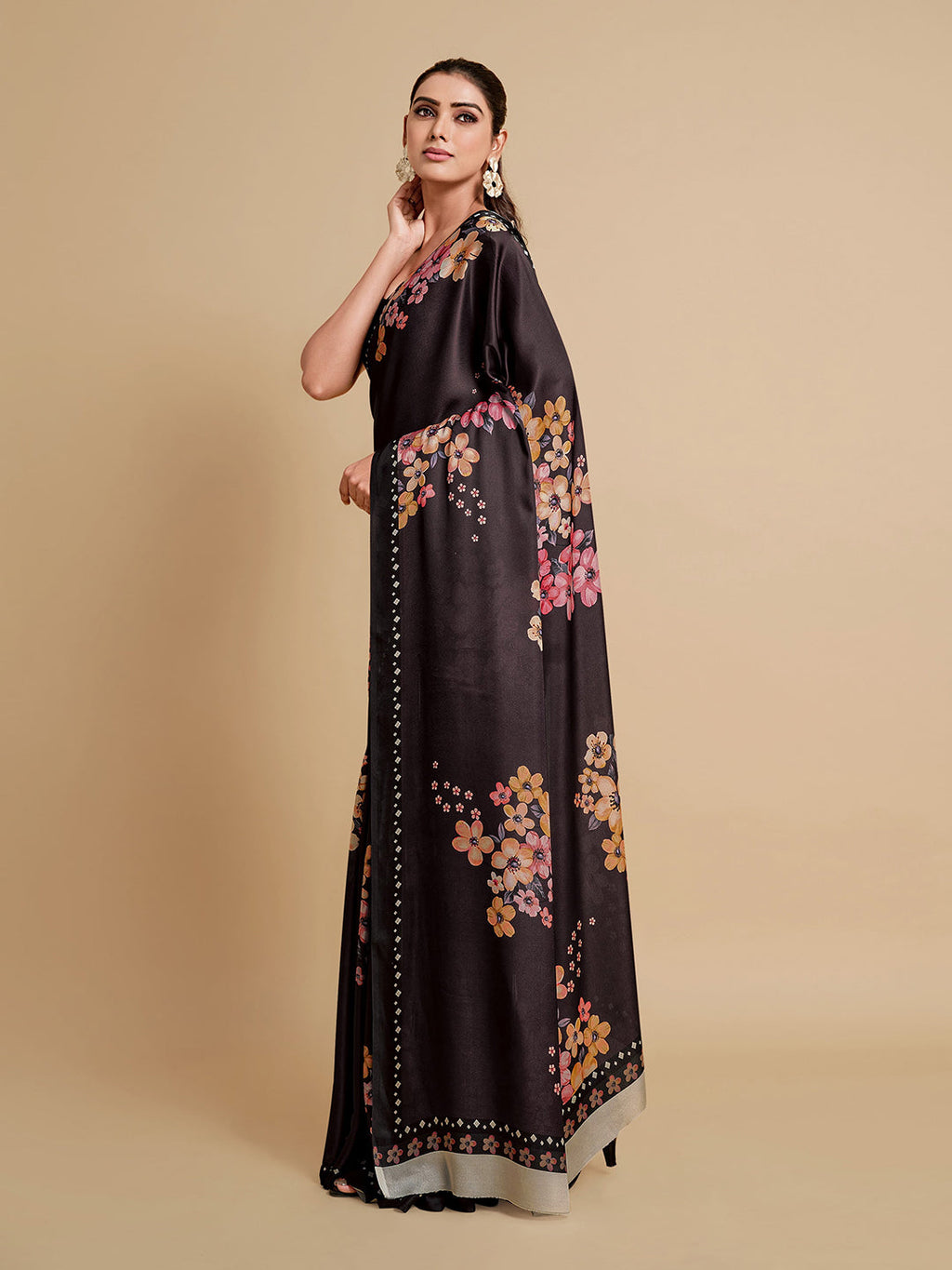 Sangria Black & Burgundy Floral Zari Satin Saree | Grocsy
