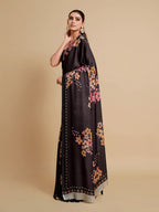 Sangria Black & Burgundy Floral Zari Satin Saree | Grocsy