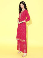 Sangria Floral Yoke Design Jacquard Kurta with Palazzos & With Dupatta | Grocsy