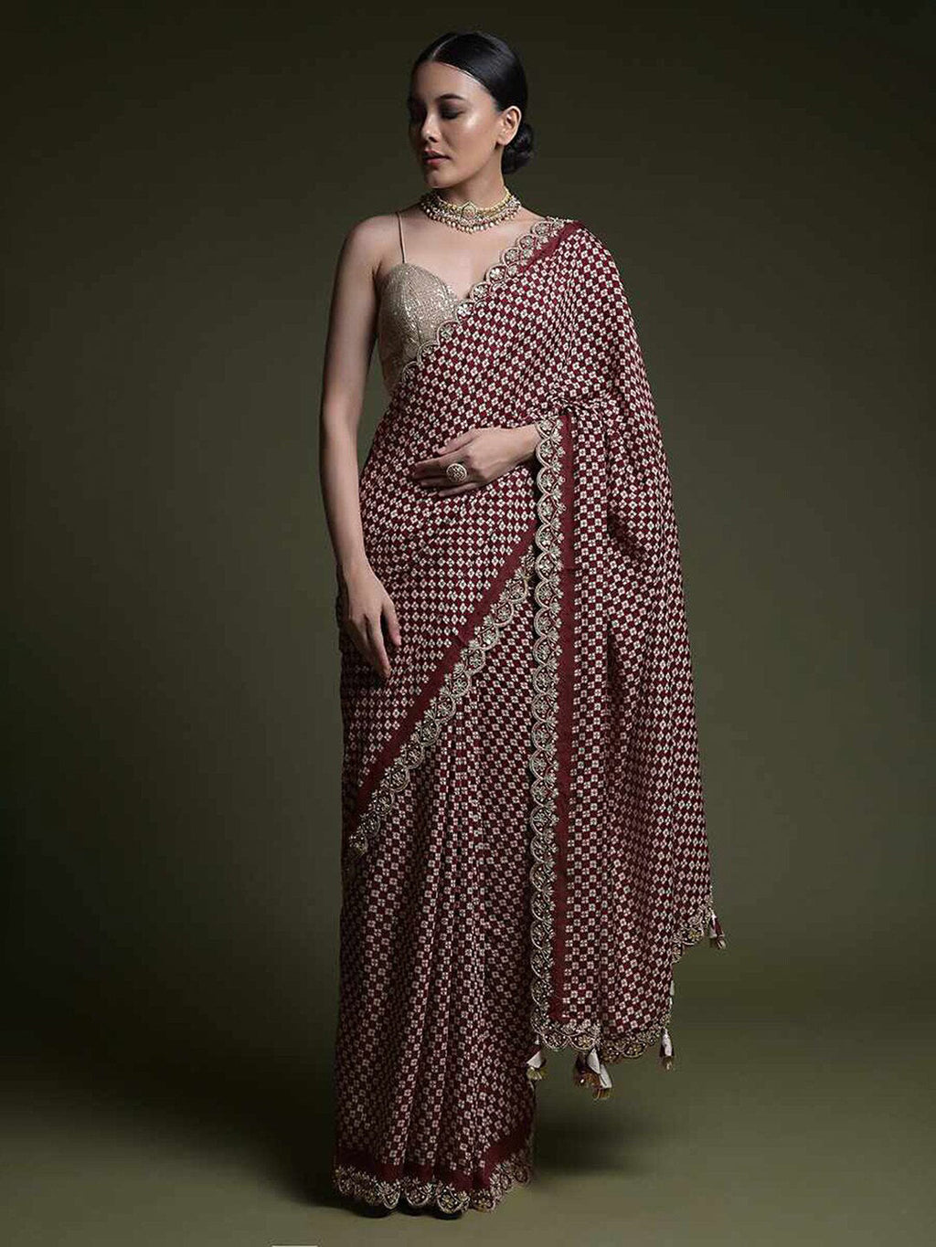 Sangria Ethnic Motifs Printed Embellished Saree | Grocsy
