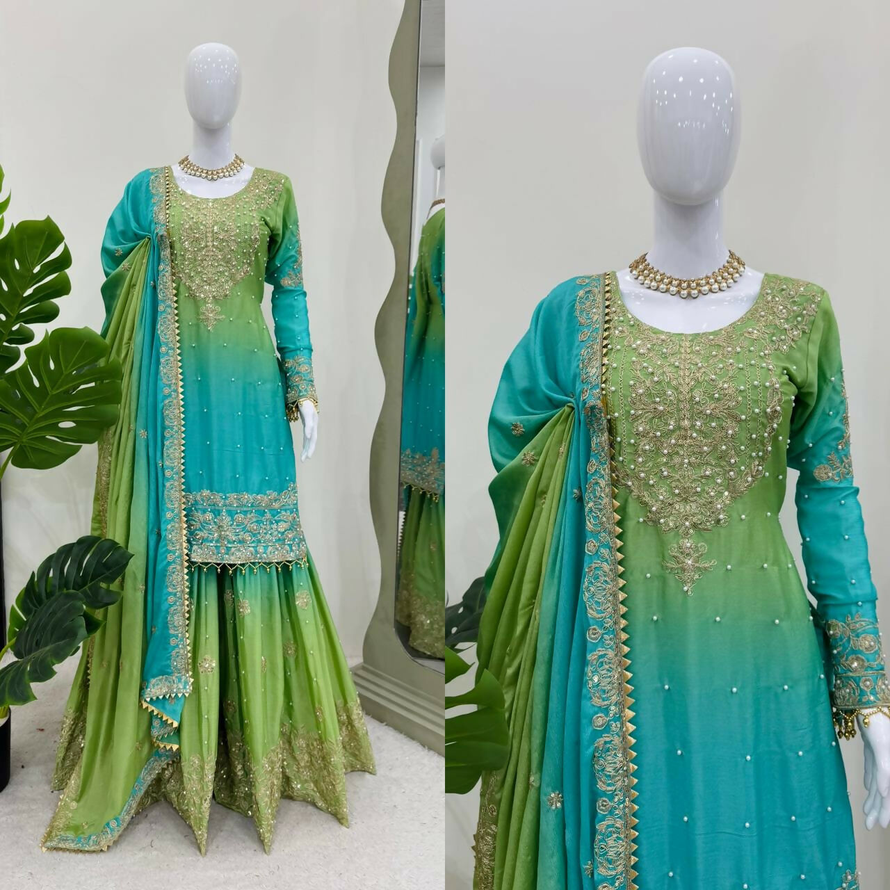 The52 Women's Beautiful Chinon silk Fabric Embroidery Work Straight Kurta Palazzo and Dupatta Set | Grocsy