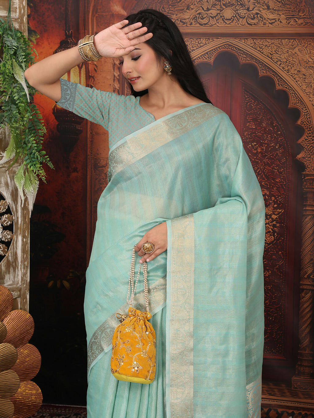 Shree Shyam Fashion Organza Rama Green Saree | Grocsy