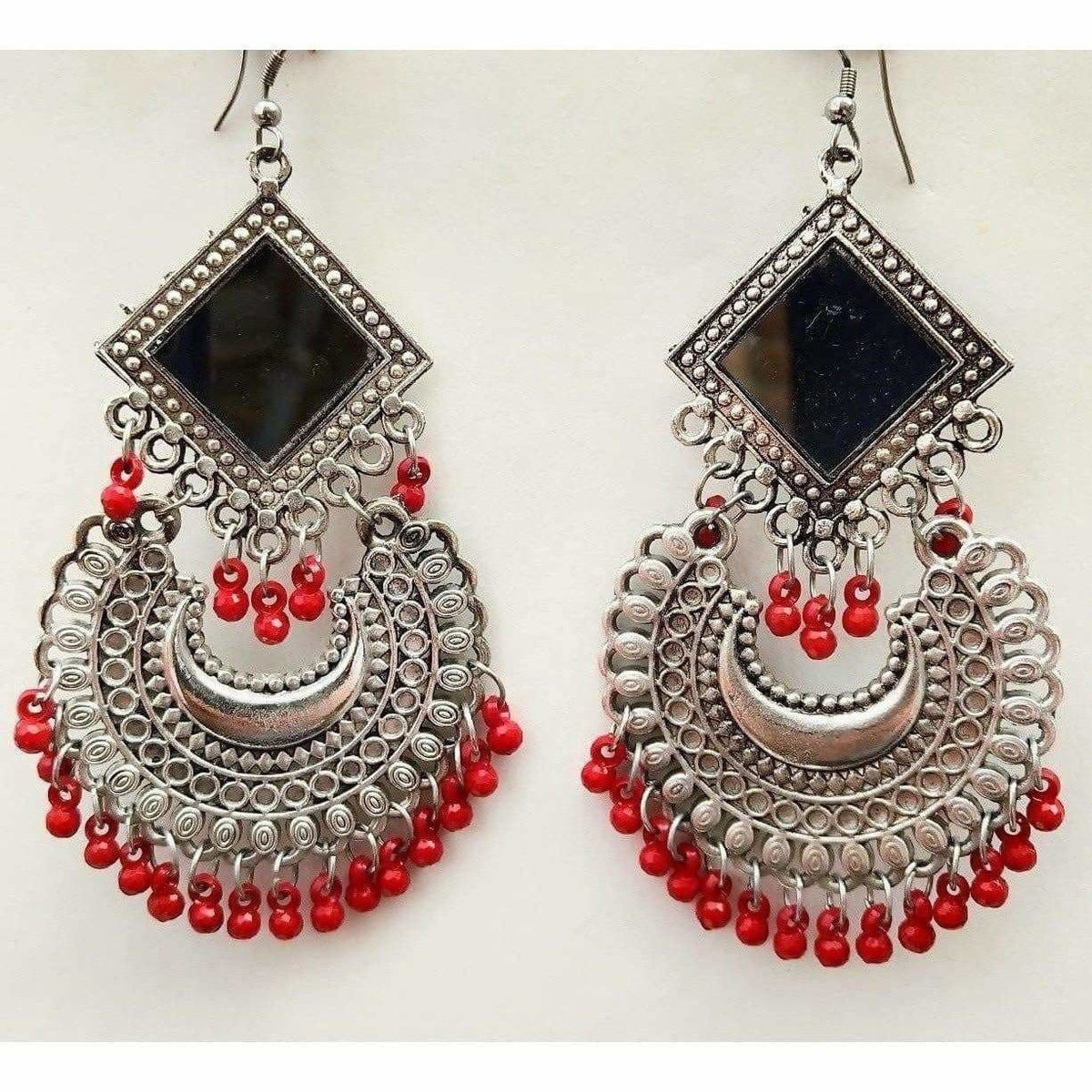 MS Fashion India Latest Trendy Chandbali Red Pearls Long Mirror Half Moon Silver Tone Earrings | Grocsy