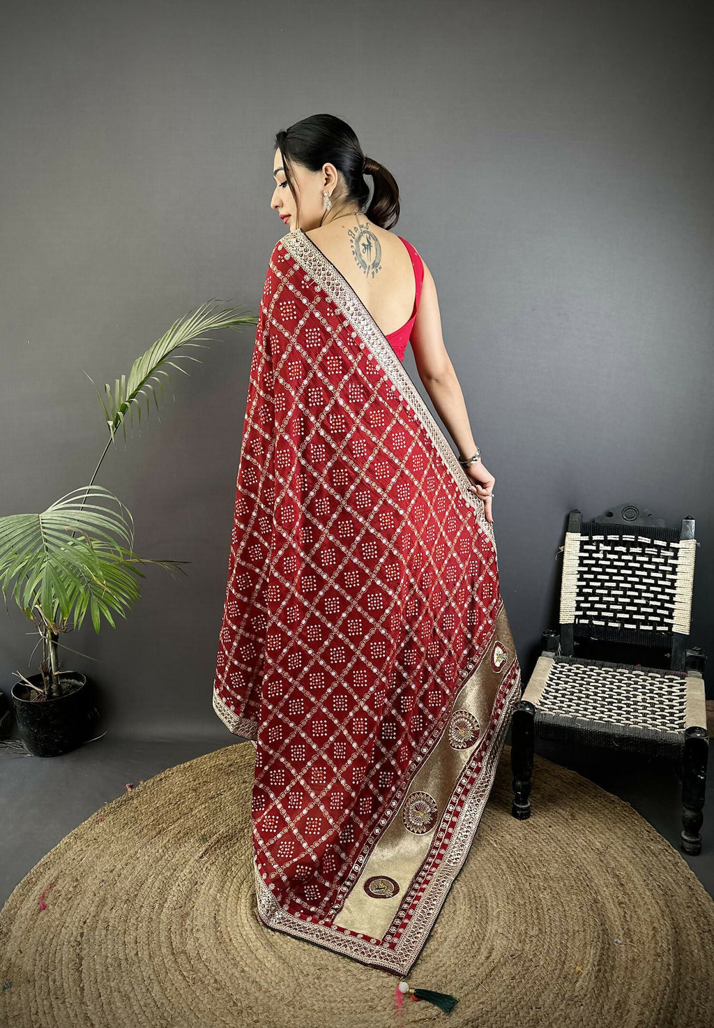 Joban Fashion Maroon Bandhej Bandhani Vichitra Silk Bandhani Prints Saree | Grocsy
