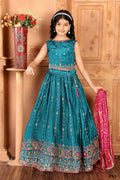 Kids Functional Designer Firozi Chinon Fab Lehenga choli - Aaradhna | Grocsy
