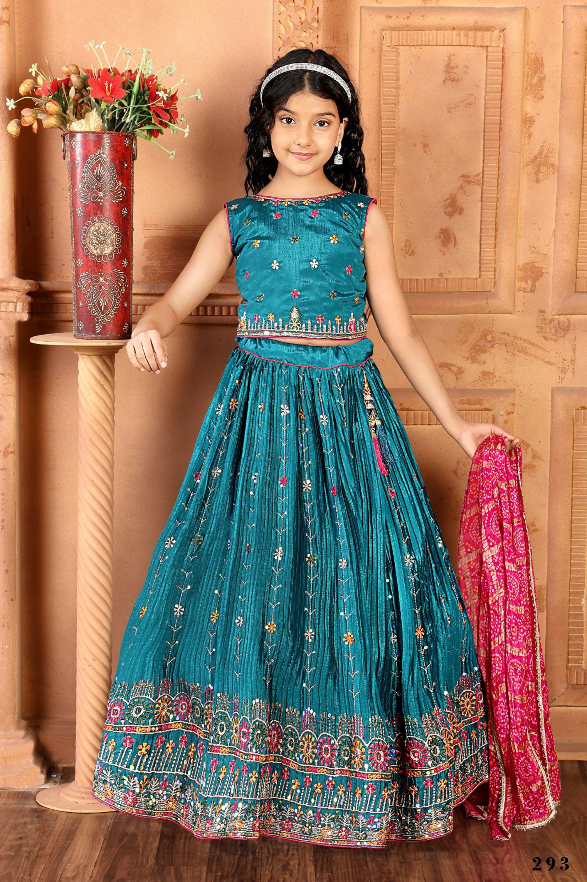 Kids Functional Designer Firozi Chinon Fab Lehenga choli - Aaradhna | Grocsy