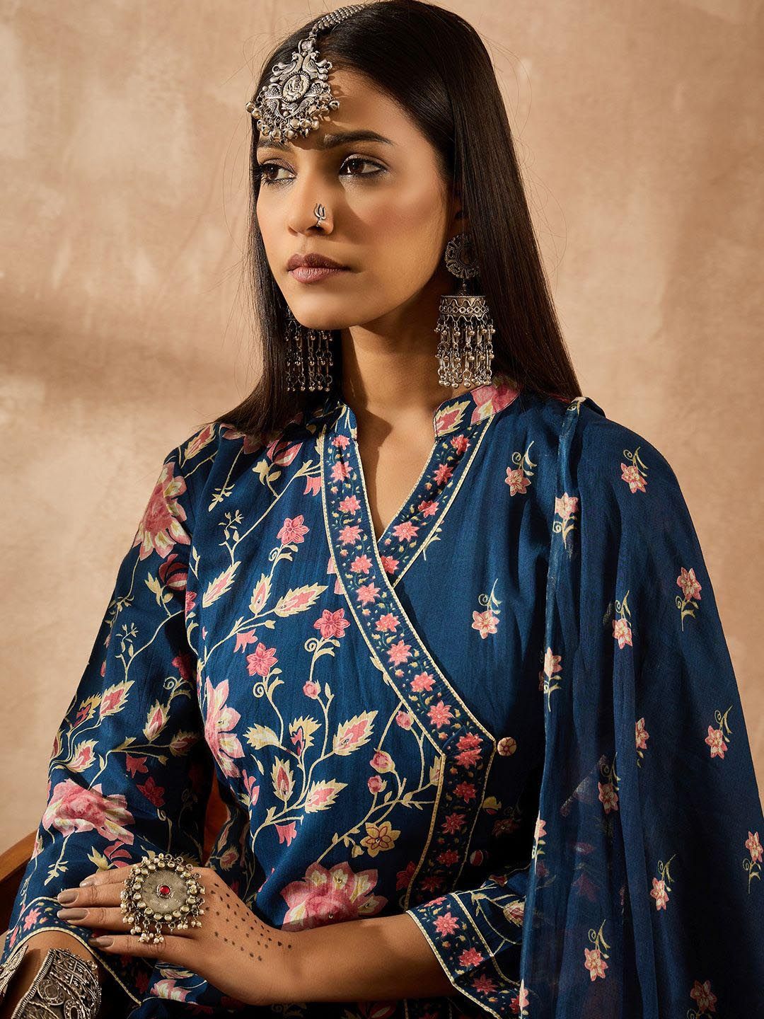 Indo Era Women Floral Printed Angrakha Beads and Stones Pure Cotton Kurta with Trousers & With Dupatta | Grocsy