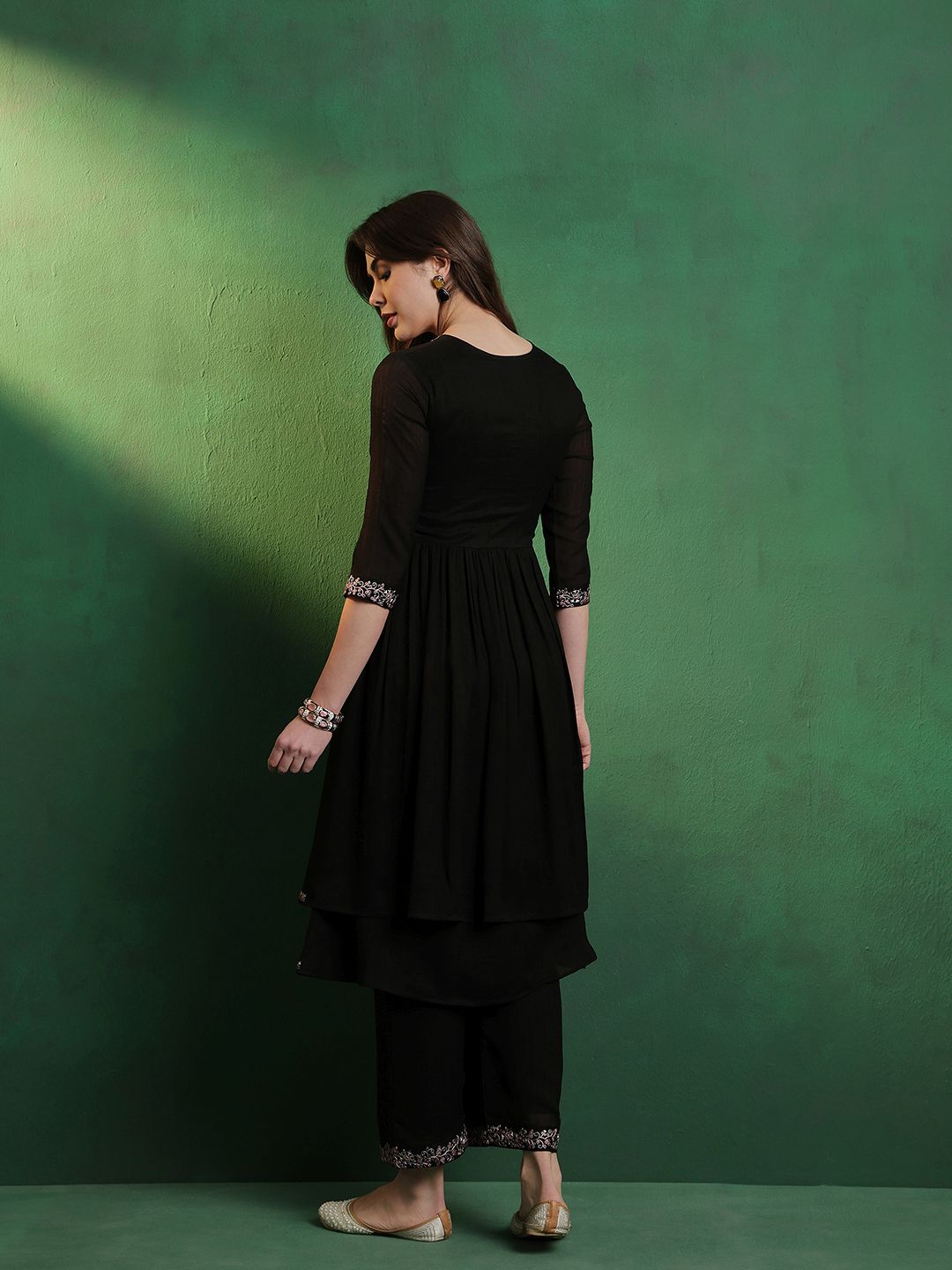 Sangria Embroidered A-Line Silk Kurta With Palazzo Set | Grocsy