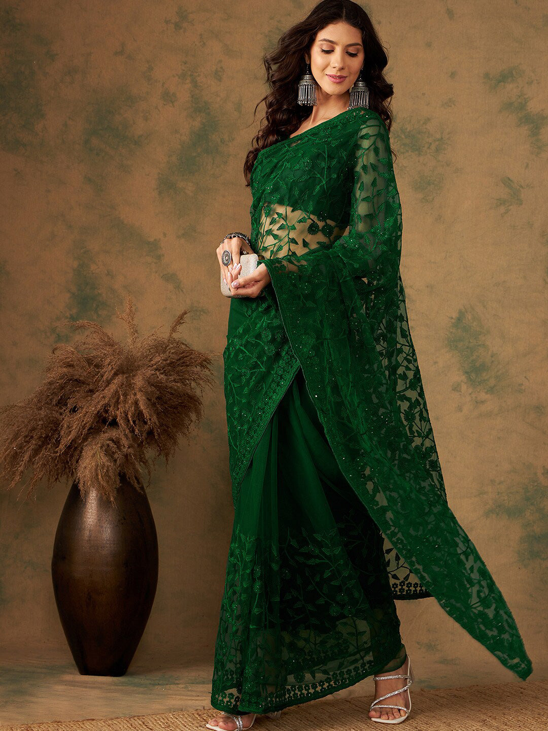 Sangria Floral Embroidered Net Sarees | Grocsy