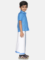 Sethukrishna Boys Blue & White Solid Shirt and Veshti Set | Grocsy