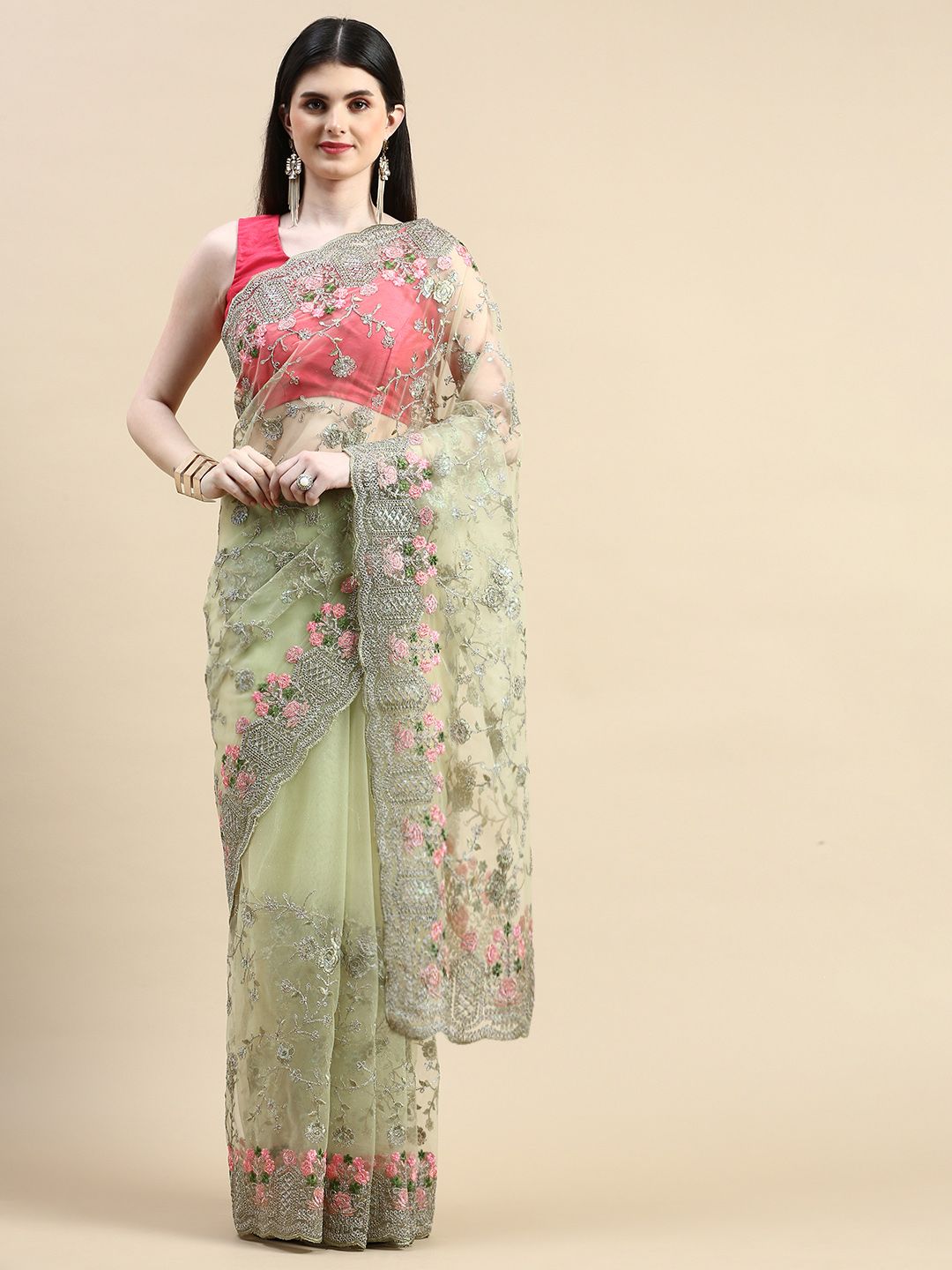 kasee Floral Embroidered Zari Net Saree | Grocsy