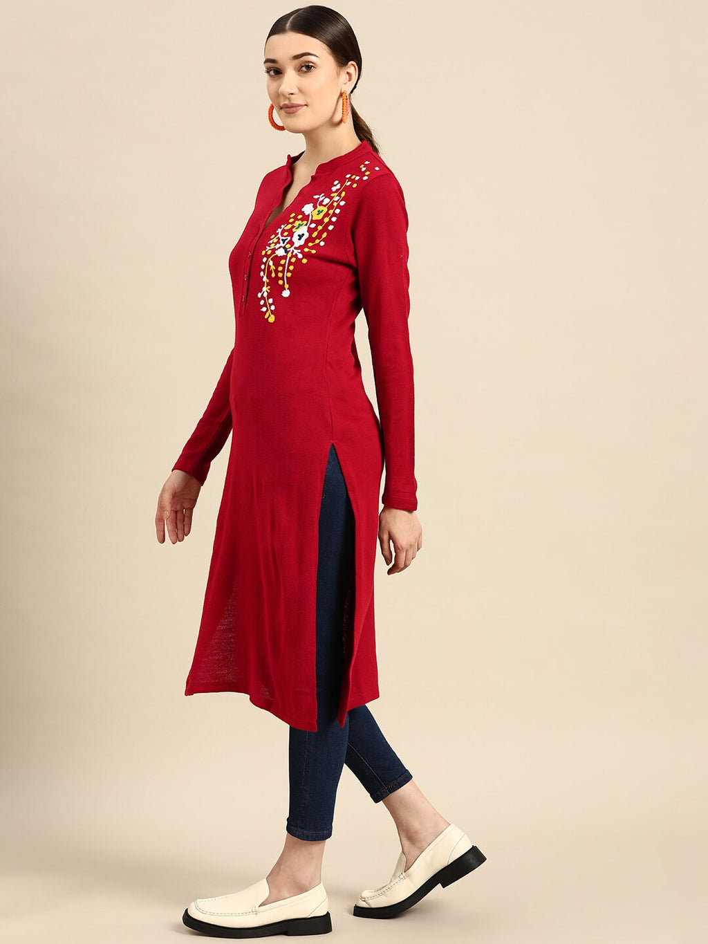Sangria Women Red & White Floral Winter Straight Kurta | Grocsy