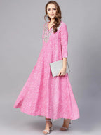 Yufta Women Pink & White Lehariya Print Anarkali Kurta | Grocsy