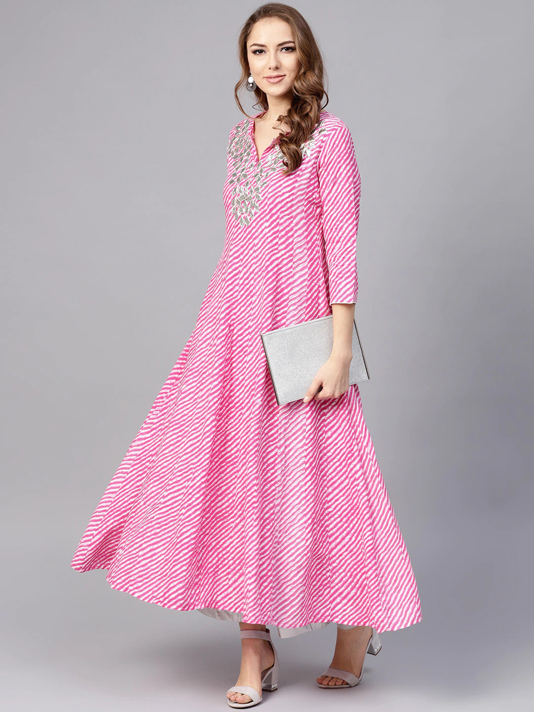 Yufta Women Pink & White Lehariya Print Anarkali Kurta | Grocsy