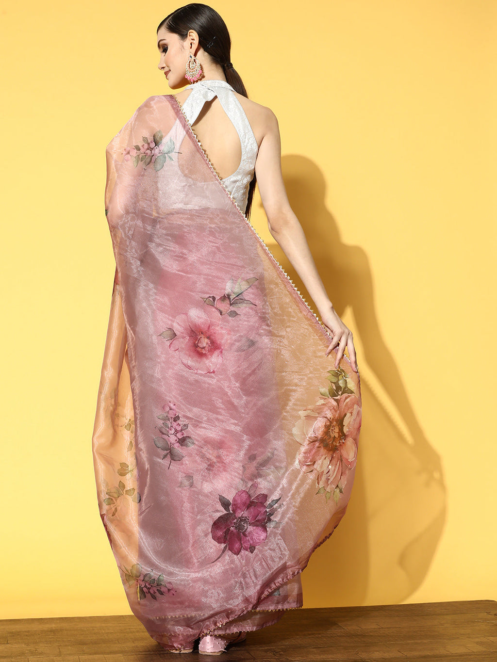 Tikhi Imli Pink & Green Floral Organza Saree | Grocsy