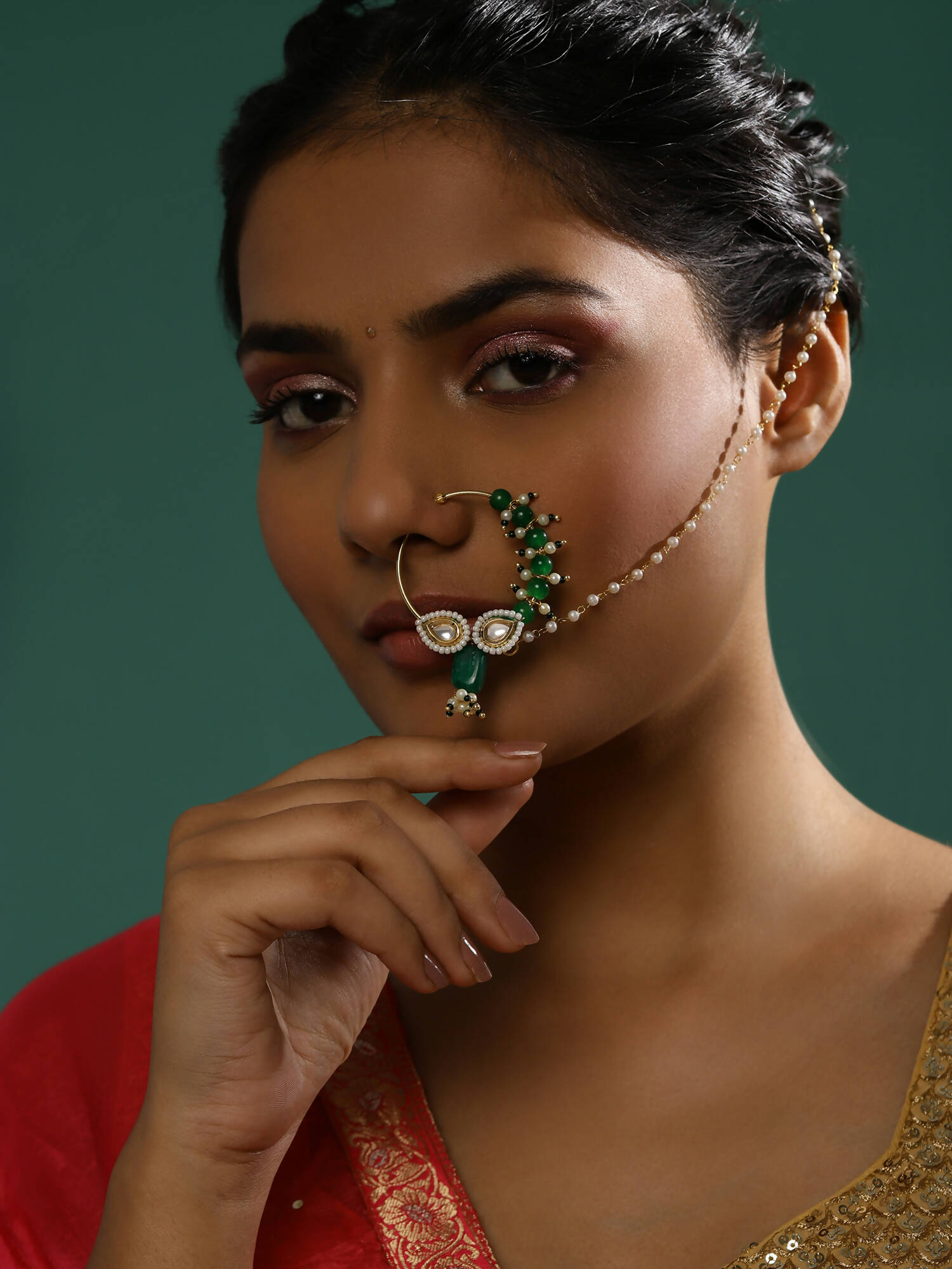 Gold-Polished White Green Kundan Studded Beaded Chain Nose Pin - Ruby Raang | Grocsy