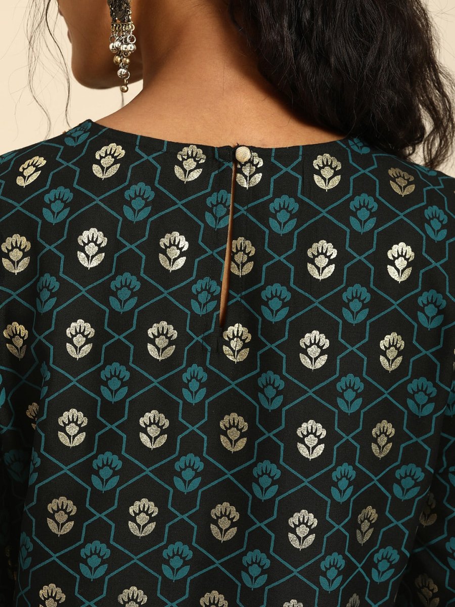 All About You Women Black & Gold-Toned Floral Printed Regular Kurta with Trousers | Grocsy