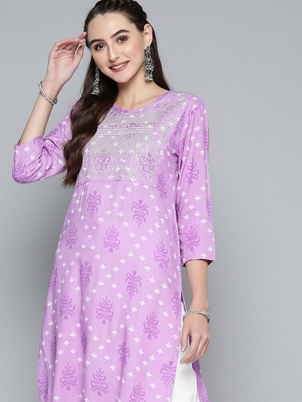 HERE&NOW Women Purple & White Ethnic Motifs Printed Embroidered Work Kurta | Grocsy