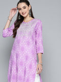HERE&NOW Women Purple & White Ethnic Motifs Printed Embroidered Work Kurta | Grocsy
