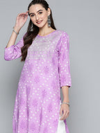 HERE&NOW Women Purple & White Ethnic Motifs Printed Embroidered Work Kurta | Grocsy
