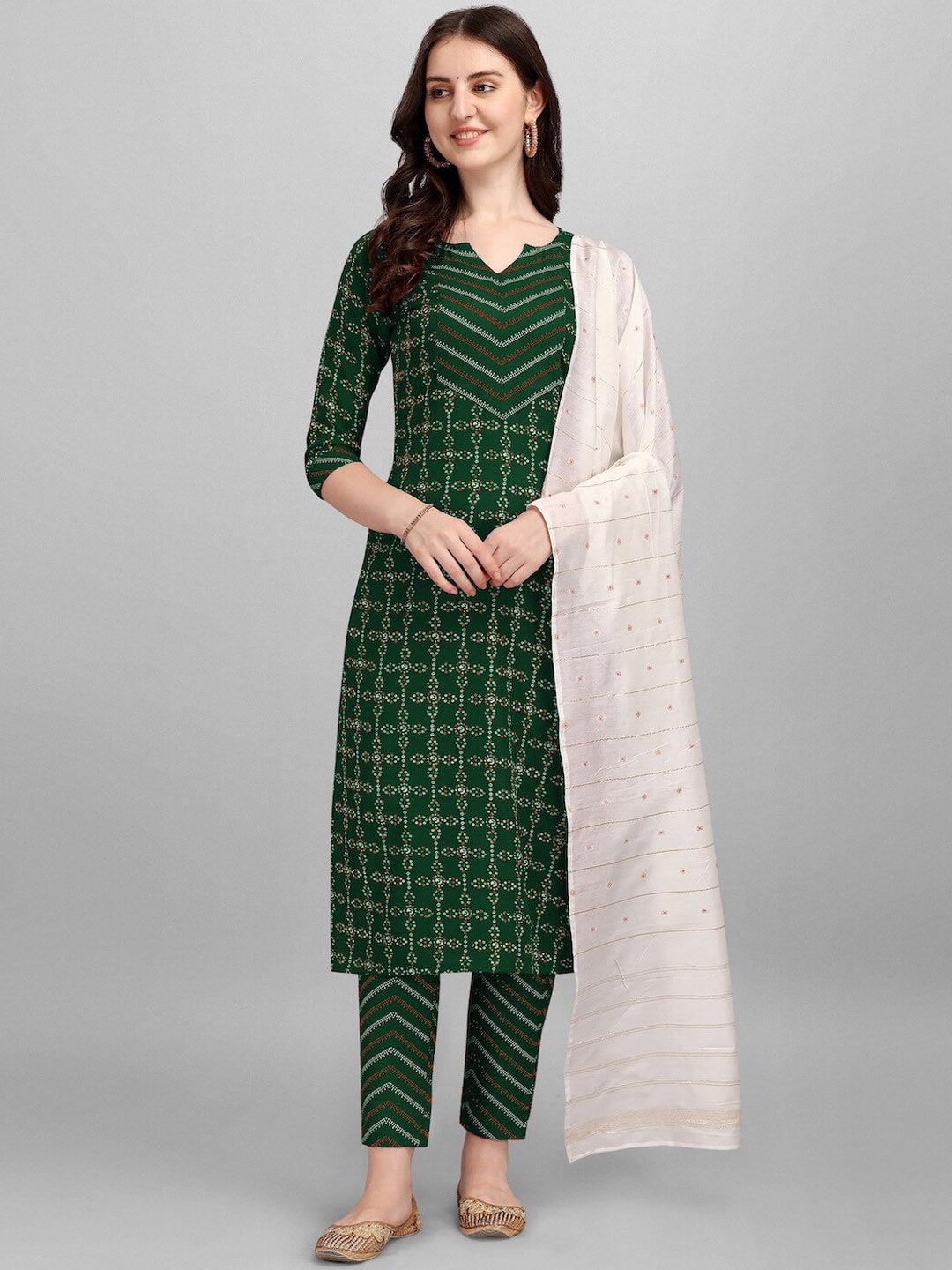 HERE&NOW Green & White Geometric Printed Pure Cotton Kurta With Trousers & Dupatta | Grocsy