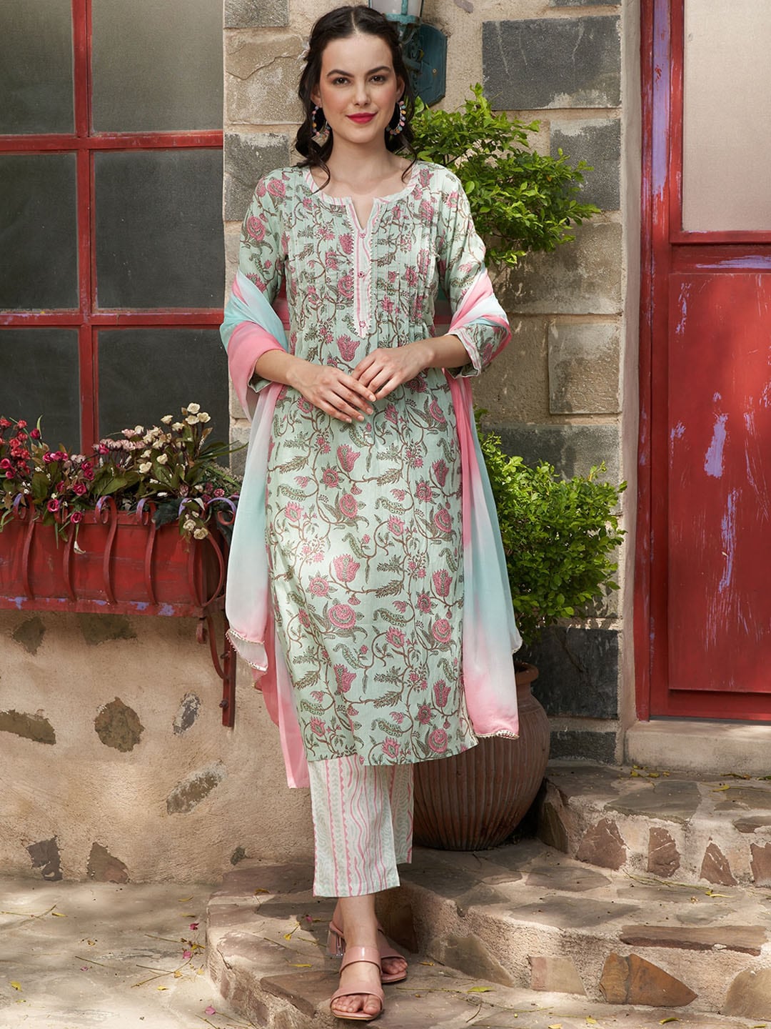 Sangria Printed Pure Cotton Straight Kurta With Trouser & Dupatta | Grocsy