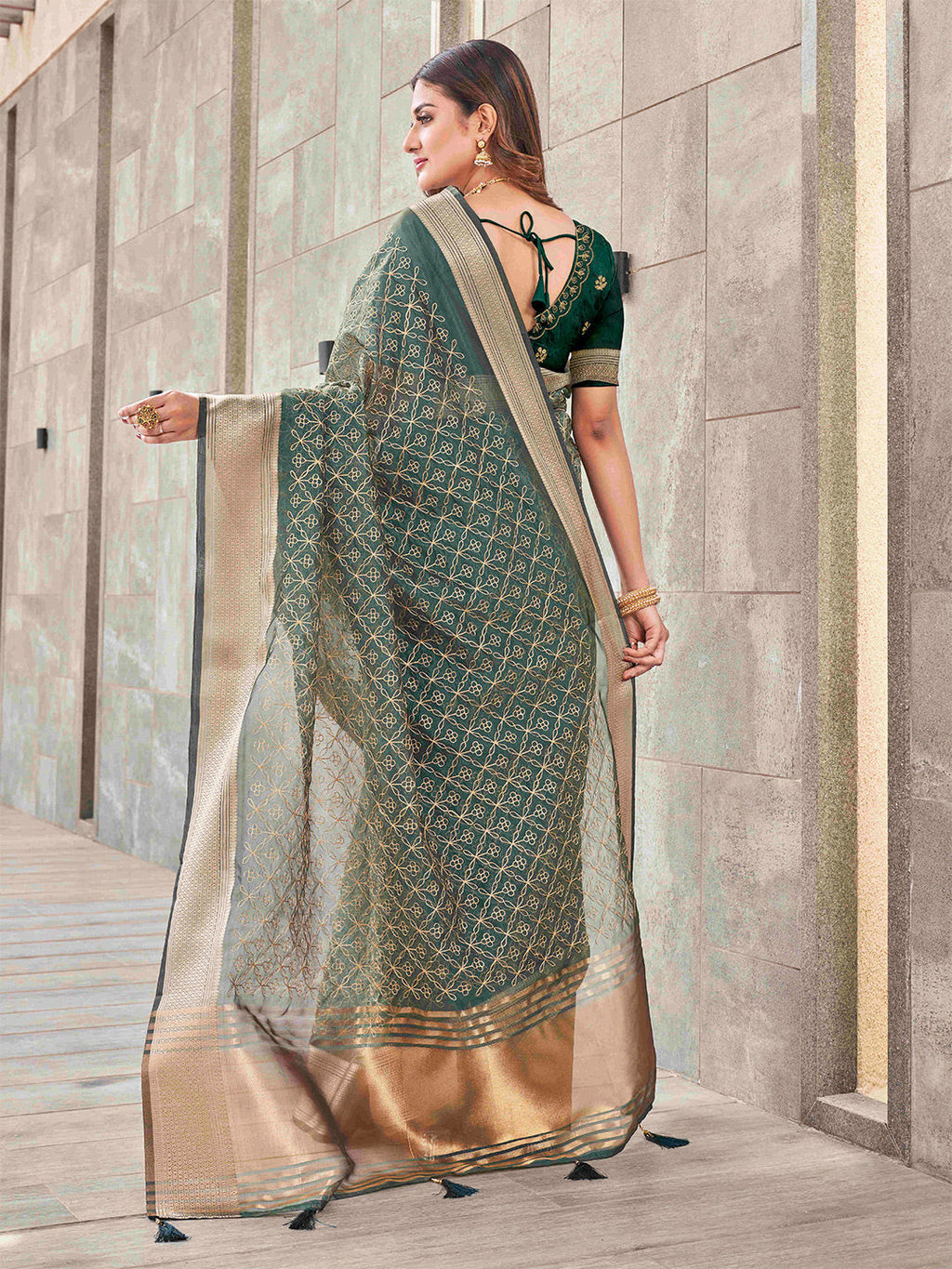 Tikhi Imli Olive Floral Embroidered Zari Organza Saree | Grocsy