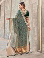 Tikhi Imli Olive Floral Embroidered Zari Organza Saree | Grocsy