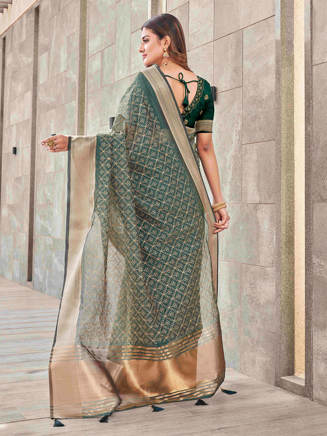 Tikhi Imli Olive Floral Embroidered Zari Organza Saree | Grocsy